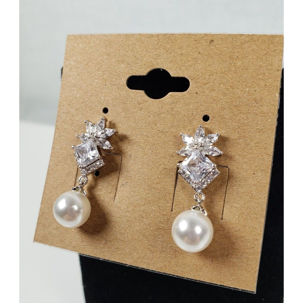 Eliza & Jane 925 Sterling Silver Cubic Zirconia Spinel Dangle Pearl  Earrings - Picture 3 of 9